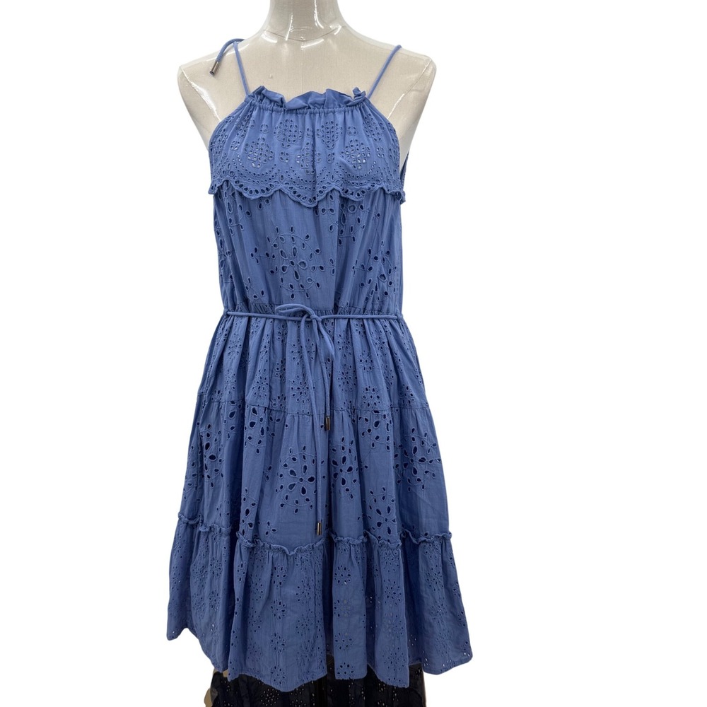Scarlett Poppies Glorious Dress Womens XS Blue Good Eyelet Tiered Halter Cotton